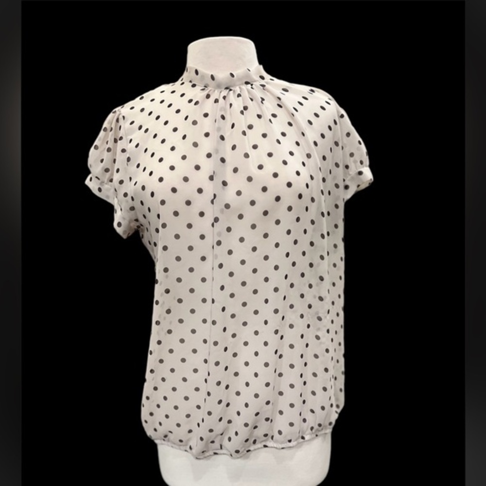 New York & Company Cream and Black Polka Dot Short Sleeve Blouson Top
